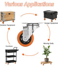 Heavy Duty 3 Inch Caster Wheels Set Of 4 With 2 Swivel And 2 Rigid Ball Bearing Casters shown in use for furniture, garage and outdoor equipment.
