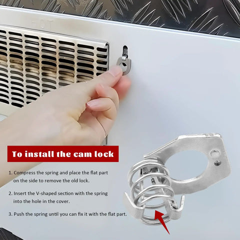 Hand installing 2 Pack RV Water Heater Cam Locks With Hooks Stainless Twist Cam Lock Latch Fasteners on camper door