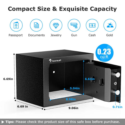 Rock Solid Heavy Duty Electronic Keypad Security Safe Box Compact Lockbox For Valuables with dimensions 9.06x6.69x6.61 inches.