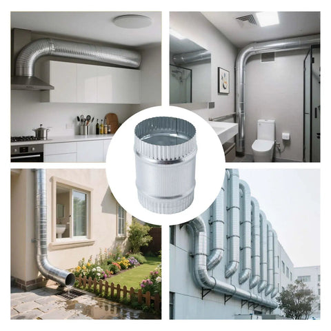 Beefy 3-Inch Round Galvanized Steel Duct Connector For Dryer Vents And HVAC Ducting, Metal Vent Pipe Coupler For Straight Connections, Durable Corrosion-Resistant Ducting Fitting installed with round vent pipes