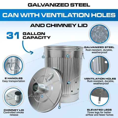 Outdoor 31 Gallon Burn Barrel For Trash Leaves And Paper Galvanized Steel Burn Can Cage Bin With Chimney Lid And Vent Holes