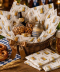 Beer Themed Tissue Paper Pack With 50 Sheets On 20x14 Inches Ideal For Gift Bags And Party Favors Featuring Beer Glass Foam Wheat And Gold Designs In Oktoberfest Style Wrapping Paper For Fun Festive Gifts in a basket