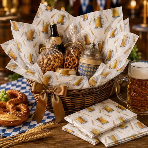 Beer Themed Tissue Paper Pack With 50 Sheets On 20x14 Inches Ideal For Gift Bags And Party Favors Featuring Beer Glass Foam Wheat And Gold Designs In Oktoberfest Style Wrapping Paper For Fun Festive Gifts in a basket