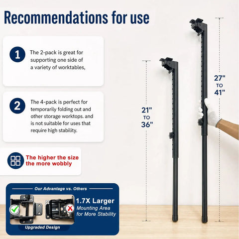 Kickass Foldable Adjustable Table Legs 27 To 41 Inch with height adjustment markings on wall for RV campers and DIY use.