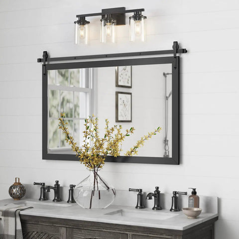 Bathroom with Three Light Matte Black Bathroom Vanity Lights With Clear Glass Shades Modern Wall Sconces For Over Mirror Anti Rust Metal Fixtures