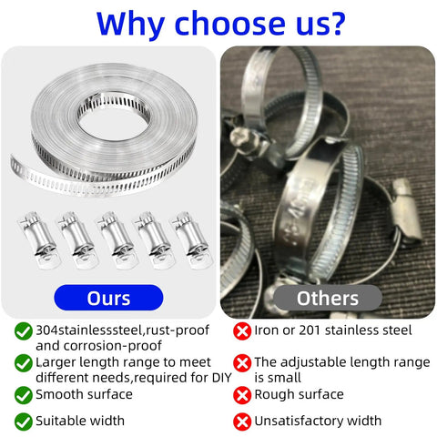 32.8Ft Metal Strap With 24 Stainless Steel Hose Clamps Kit comparison, featuring smooth 304 stainless steel versus rough alternatives