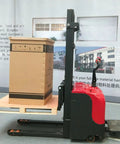 Heavy Duty Battery Powered Electric Pallet Stacker Walk Behind Hydraulic Forklift with box on pallet ready for use.