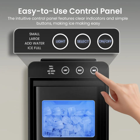 Portable Countertop Ice Maker Keeps Things Icy Fast With 26 Pounds Daily Bullet Ice and Hassle Free Self Cleaning, easy-to-use control panel.