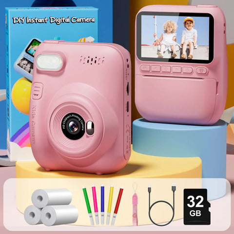 Instant Print Camera For Kids With Three Inch HD Screen 32MP Photos And 1080P Video Built In Flash Filters And Frames Time Lapse Burst Shot MP3 Music Player And Fun Modes For Creative Young Photographers, pink front view