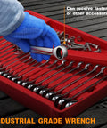 Must Have Ratcheting Wrench Set 22-Piece Metric And SAE Chrome Vanadium in red organizer with hand selecting a wrench