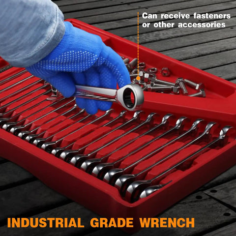 Must Have Ratcheting Wrench Set 22-Piece Metric And SAE Chrome Vanadium in red organizer with hand selecting a wrench