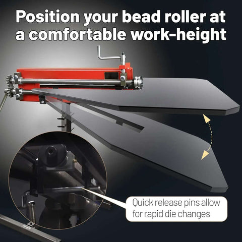 Heavy Duty Bead Roller Table With Sturdy Tube Frame For Metal Fabrication, showing adjustable height feature and quick release pins.