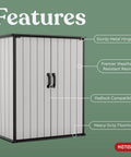 Tall Resin Outdoor Storage Shed For Backyards, Weatherproof 62 Cu Ft Capacity With Shelving Brackets, features metal hinges.