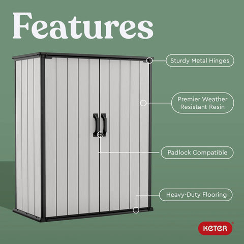 Tall Resin Outdoor Storage Shed For Backyards, Weatherproof 62 Cu Ft Capacity With Shelving Brackets, features metal hinges.