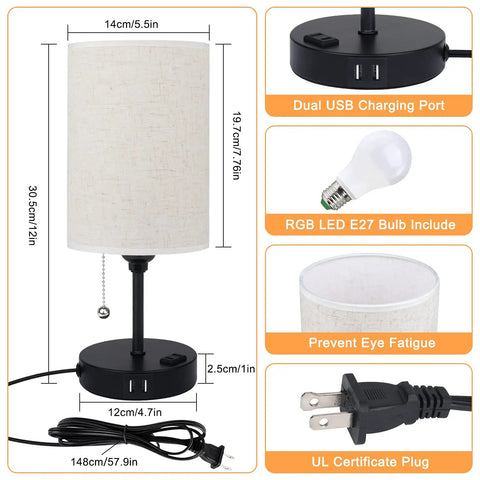 Diagram of Bedside Lamp With 2 USB Ports And Outlet Lit RGB Color Changing Nightstand Light, 3-Way Dimmable With Remote Control features