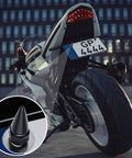 Hella Dope 4 Pack Spiked License Plate Bolts And Tough Frame Screws For Your Badass Ride Made From Solid Stainless Steel And Aluminum Alloy In Gloss Black on motorcycle rear.