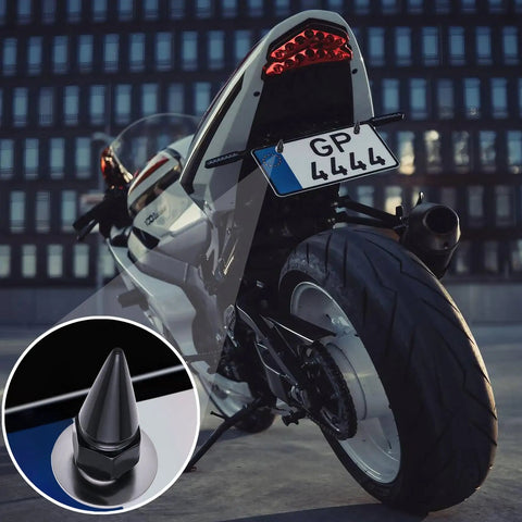 Hella Dope 4 Pack Spiked License Plate Bolts And Tough Frame Screws For Your Badass Ride Made From Solid Stainless Steel And Aluminum Alloy In Gloss Black on motorcycle rear.