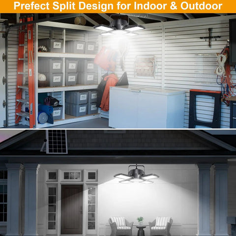 Solar Shed Light 176 LED 4 In 1 Heads Motion Sensor Security Lamp illuminating indoor garage and outdoor patio at night