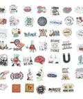 Collection of colorful science-themed stickers on white background, including test tubes, brains, and beakers, for creative decoration.