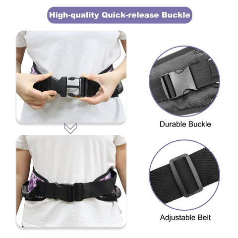 Anti Slip Gait Belt Transfer Strap For Seniors With Quick Release Buckle shown on person, close-up on buckle