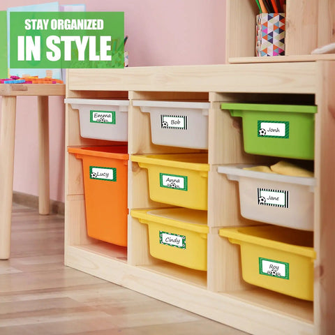 400 Soccer Name Tag Stickers Set In Green And Black With 4 Designs Adhesive Label Decals on colorful storage bins
