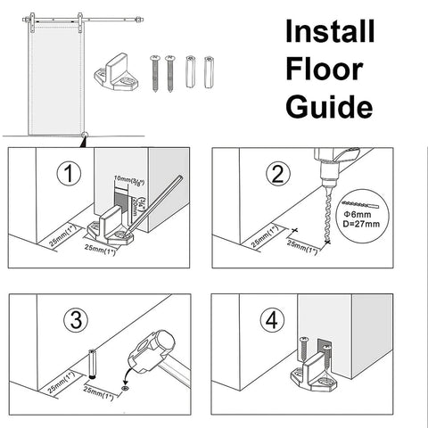 Installation guide for Heavy Duty Sliding Barn Door Kit For 150-400 Cm Openings, Professional Bypass Hardware with floor guide setup.
