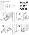 Installation guide for Heavy Duty Bypass Barn Door Hardware Kit with floor guide components and step-by-step instructions.