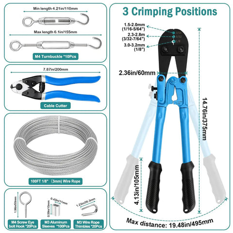 All In One Wire Rope Kit With One Eighth Inch Stainless Steel Cable And One Hundred Feet Long, Crimping Tool And Cutter, M4 Turnbuckle Tensioner Kit, Seven By Seven Aircraft Cable For Clothesline Shade Sails And Garden DIY