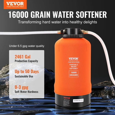 Portable 16,000 Grain RV Water Softener with Three Quarter Inch Brass Fittings and Forty Two Inch Hose for RVs Trailers Boats