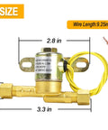 Brass humidifier water solenoid valve with 24V, 2.3W, yellow wires, compression fittings, 3.3 in length.