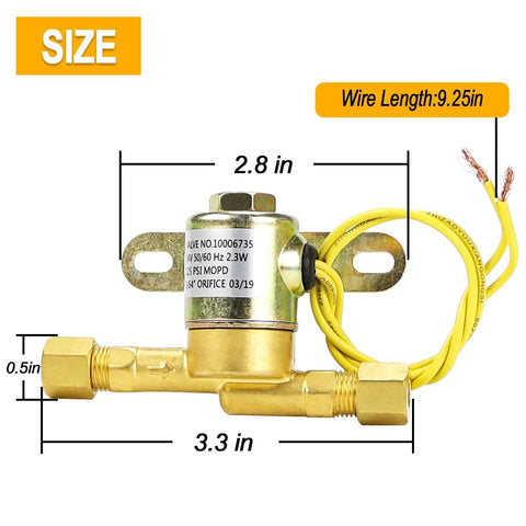 Brass humidifier water solenoid valve with 24V, 2.3W, yellow wires, compression fittings, 3.3 in length.