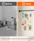 Before and after comparison showing Cruise Essentials Hanging Shower Caddy With 7 Pockets And Quick Dry Mesh organizing bathroom items.