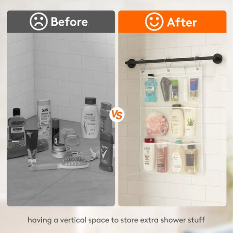 Before and after comparison showing Cruise Essentials Hanging Shower Caddy With 7 Pockets And Quick Dry Mesh organizing bathroom items.