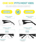 Glass size comparison of Bulk Pack Kid Safe Safety Glasses 24 Pack, ANSI Z87.1 Certified Clear Lenses for kids and adults.