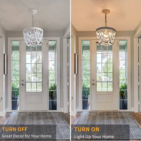 Three Light Wood Bead Pendant Light With Boho Engraved Pattern Ring Fixture in hallway, turned off and on comparison