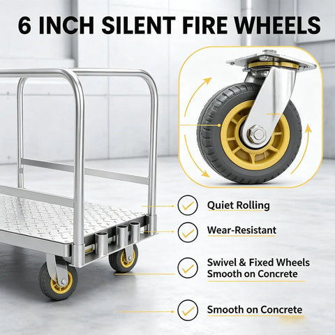 Heavy Duty Steel Platform Hand Truck With 1200 Lbs Capacity Detachable Handle Flatbed Dolly Cart 6 Inch Silent Wheels 2 Swivel 2 Fixed Casters Industrial Warehouse Trolley For Garage Factory And Shop Use 90cm By 60cm, wheel detail