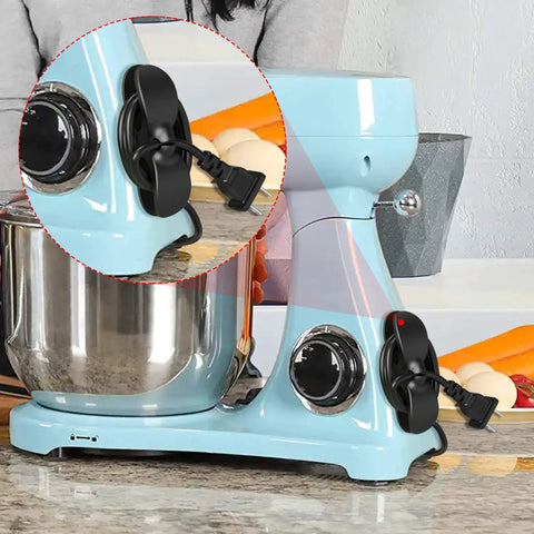 Stick On Cord Organizer For Kitchen Appliances, Easy Wrap Cord Holder on blue mixer, neat countertop setup