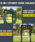 Outdoor Heavy Duty Garden Hose Holder Stand with Four Spikes and Two Tool Hooks, holding a hose and tools.