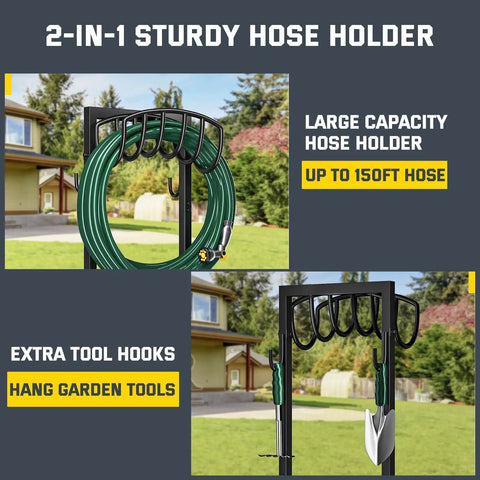 Outdoor Heavy Duty Garden Hose Holder Stand with Four Spikes and Two Tool Hooks, holding a hose and tools.