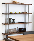 Wooden shelf with decor supported by four 3/8-16 fully threaded rods, 36-inch long stainless steel fasteners, 304 grade, side view