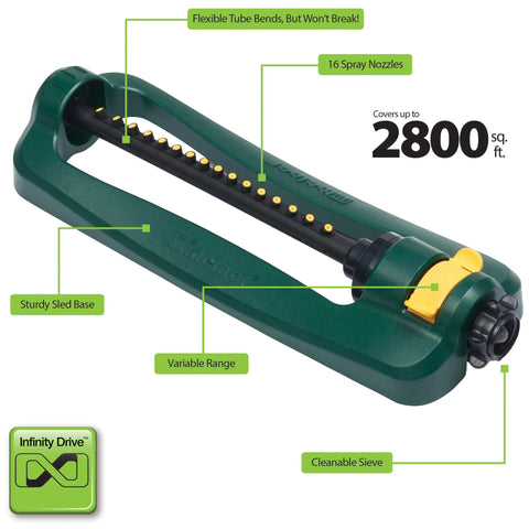 TurboTek Oscillating Sprinkler With 16 Precision Nozzles For Up To 2,800 Sq Ft Quick Connect Bundle Flexible Tubing, Green & Yellow