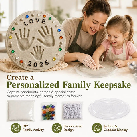 Mother and child using Custom DIY Family Handprint Stone Kit With Concrete Mold, Letter And Number Stamps, Colorful Gems For Indoor Outdoor Garden Keepsake Craft