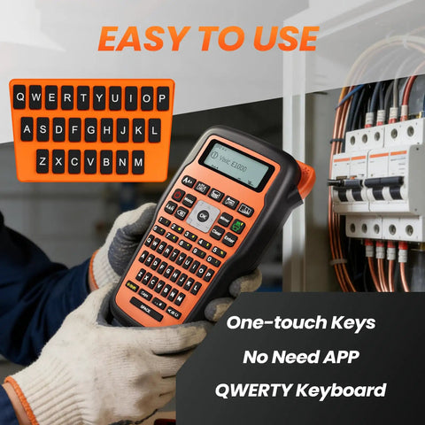 Slick One Touch Cable Wire Label Maker With Heavy Duty Tapes And No Fuss Quick Setup, showing QWERTY keyboard and display.