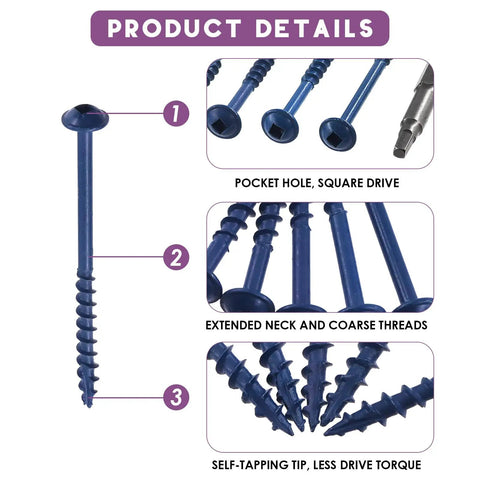 Detailed view of 100 Piece Pocket Hole Screw Set 8 By Two And A Half Inch Coarse Thread Self Tapping Screws With Square Drive And Drive Bit Included Blue Coated For Woodworking Projects In Handy Storage Box