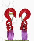 Close-up of red hooks and purple straps of Four Leg Web Sling Belt Type With Hook 6.5Ft 6610Lb Working Load Limit Polyester Lifting Sling.