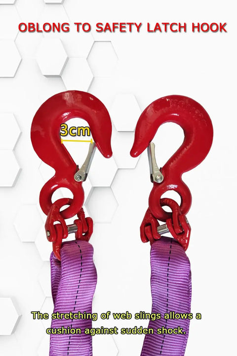 Close-up of red hooks and purple straps of Four Leg Web Sling Belt Type With Hook 6.5Ft 6610Lb Working Load Limit Polyester Lifting Sling.