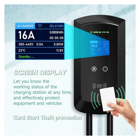 Heavy Duty Ev Charger With Type Two Connector display panel showing charging status, 32Amp plug and play functionality.
