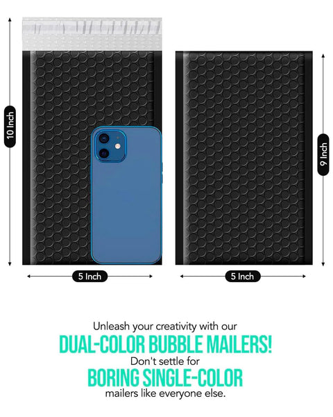 5x10 Inch Black Bubble Mailers Self Sealing Padded Envelopes, 100 Pack, Inner 9 Inch Size, shown with a smartphone for scale