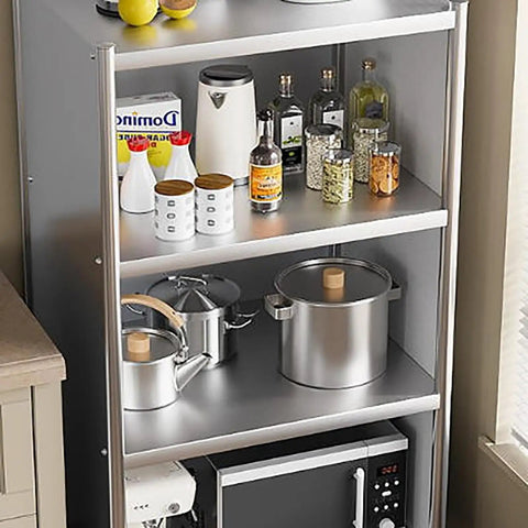 Tough As Nails Heavy Duty Stainless Steel Shelving Rack Featuring Rustproof Construction And Slick Metal Storage Organizer For Commercial Kitchen Warehouse Or Garage Setup with pots and pantry items.