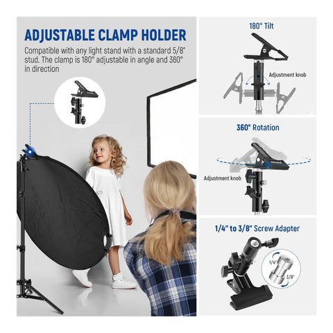 Go To 32 Inch 80cm Five In One Light Reflector Kit With adjustable clamp, 180° tilt, 360° rotation, and screw adapter
